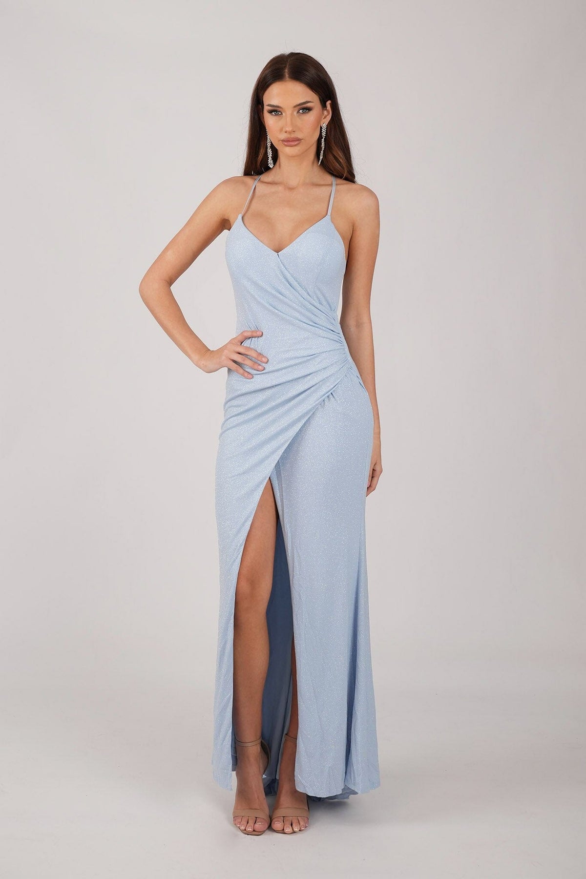 Light Blue Shimmer Fitted Maxi Dress with Thin Shoulder Straps, Gathered Detail at Waist and Leg Slit