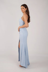 Side Image of Light Blue Shimmer Fitted Maxi Dress with Thin Shoulder Straps, Gathered Detail at Waist and Leg Slit