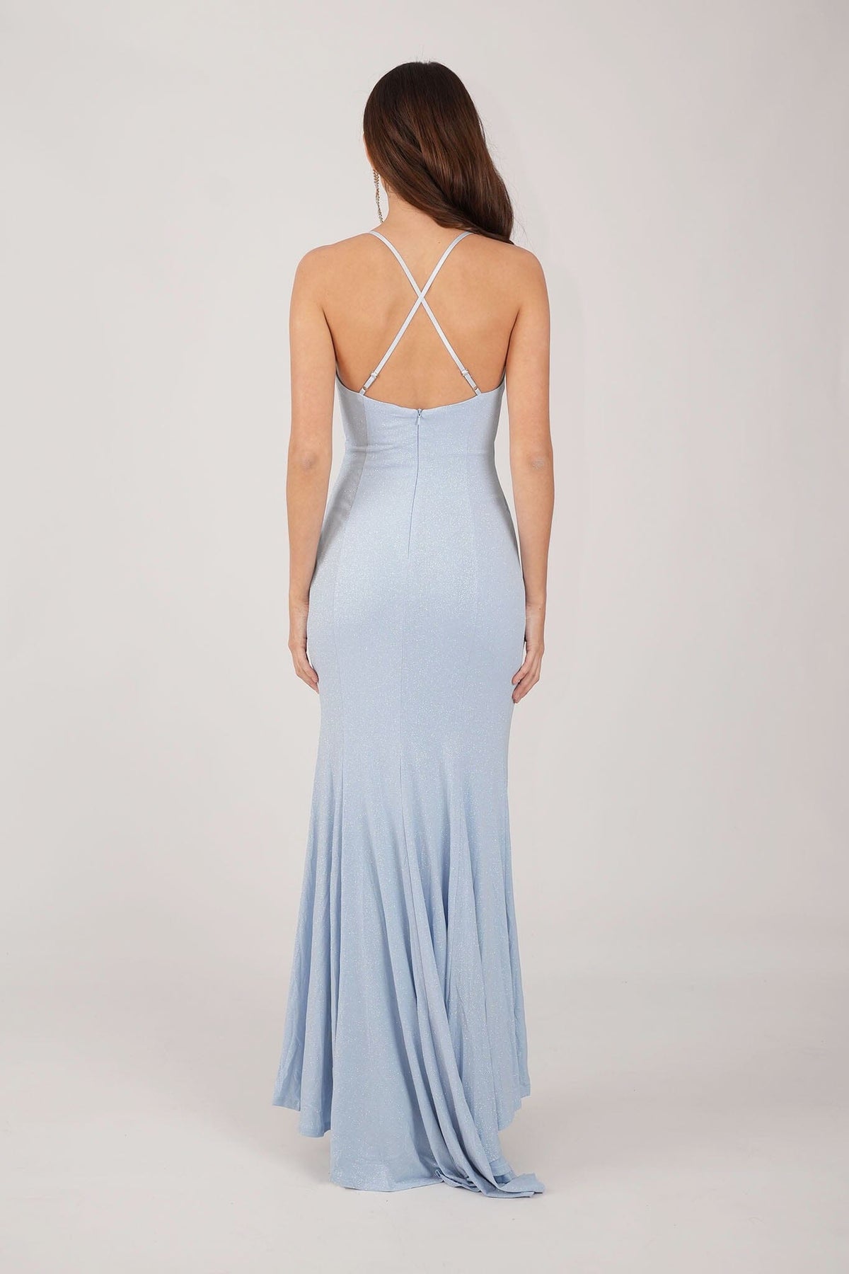 Crisscross adjustable back straps of Light Blue Shimmer Fitted Maxi Dress with Thin Shoulder Straps, Gathered Detail at Waist and Leg Slit