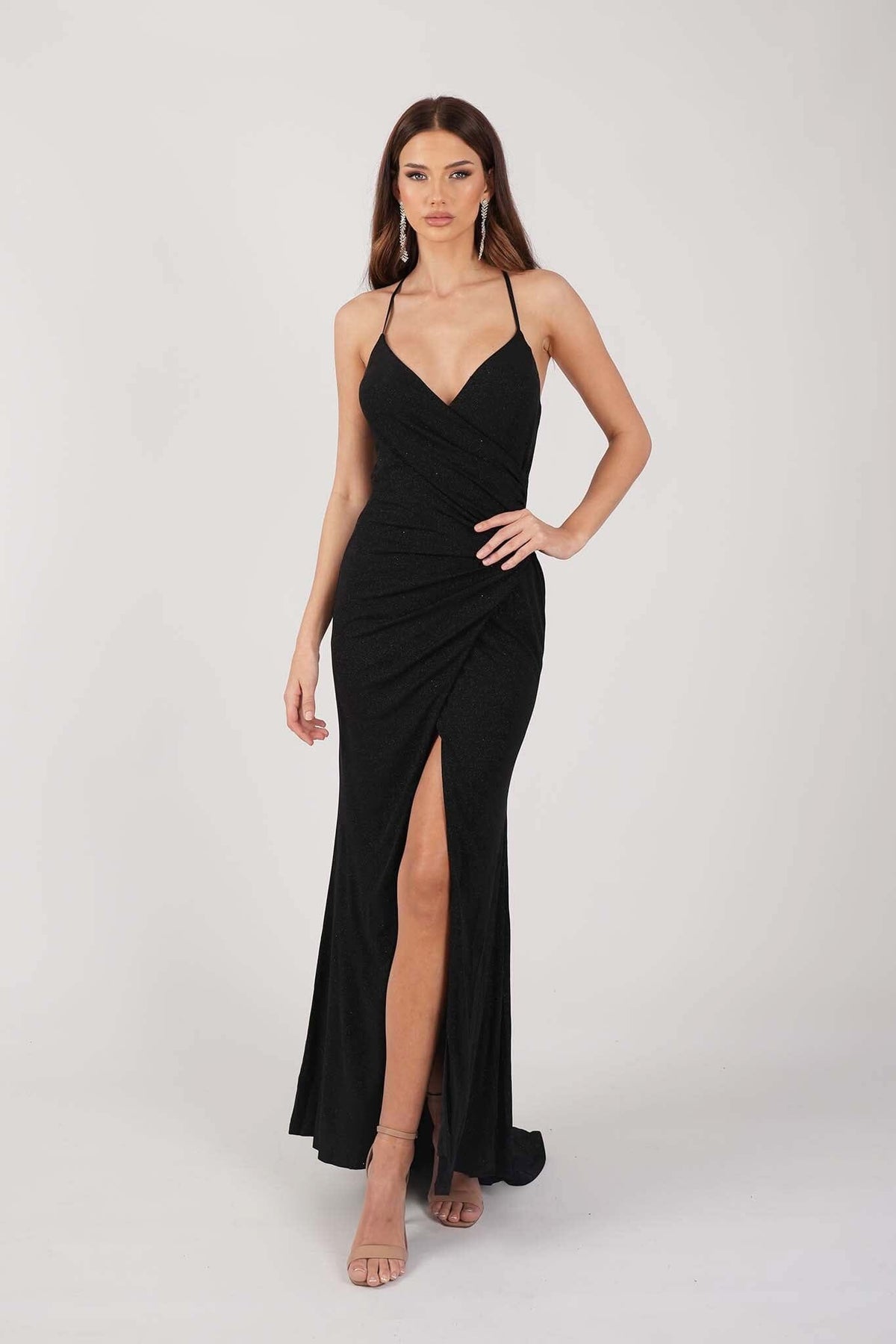 Black Shimmer Fitted Maxi Dress with Thin Shoulder Straps, Gathered Detail at Waist and Leg Slit