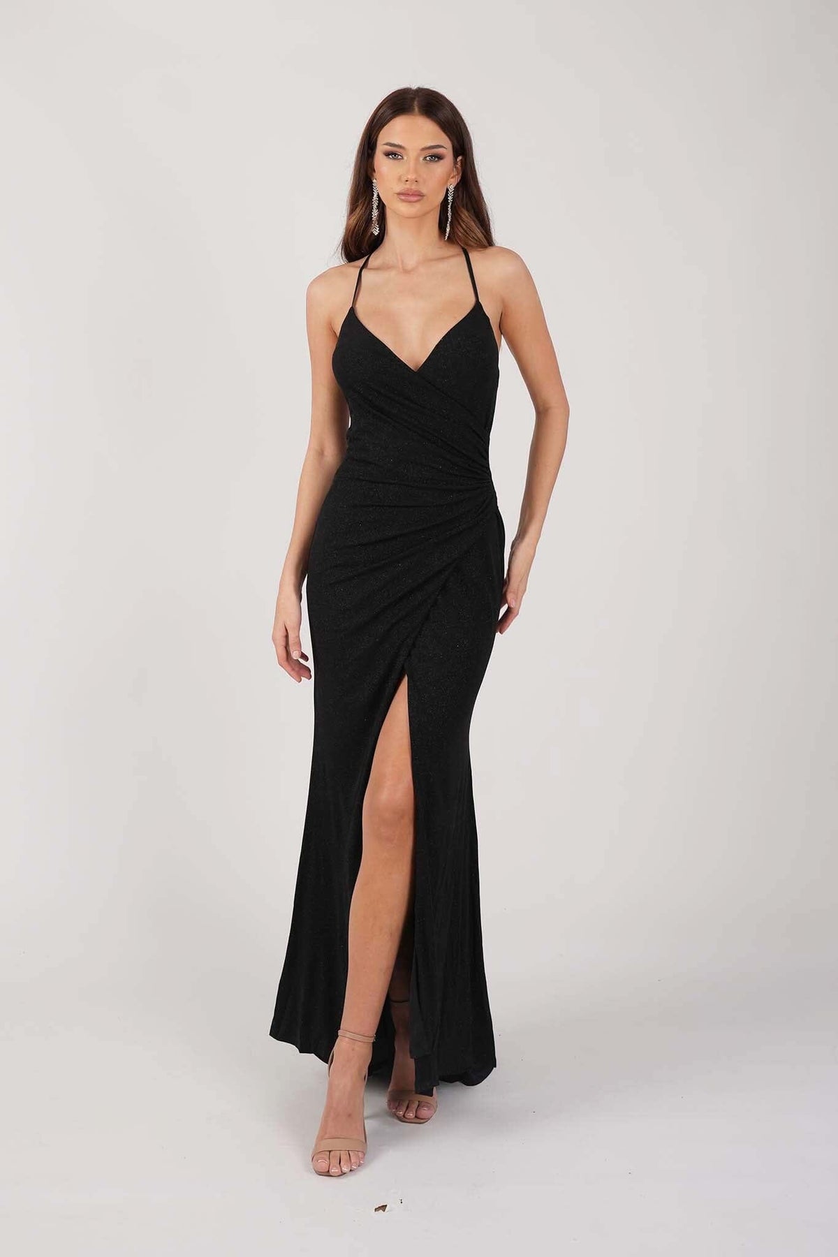 Black Shimmer Fitted Maxi Dress with Thin Shoulder Straps, Gathered Detail at Waist and Leg Slit