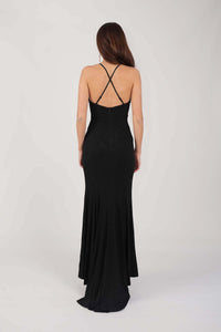 Crisscross Open Back of Black Shimmer Fitted Maxi Dress with Thin Shoulder Straps, Gathered Detail at Waist and Leg Slit
