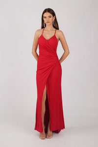 Red Shimmer Fitted Maxi Dress with Thin Shoulder Straps, Gathered Detail at Waist and Leg Slit
