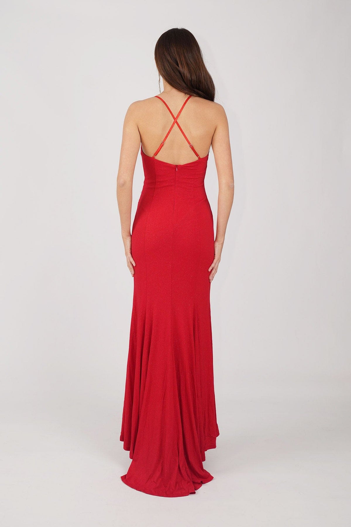 Crisscross Open Back of Red Shimmer Fitted Maxi Dress with Thin Shoulder Straps, Gathered Detail at Waist and Leg Slit
