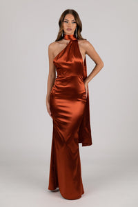 Burnt Orange Glossy Satin Column Maxi Dress with Asymmetrical Neckline and Scarf Sash Design