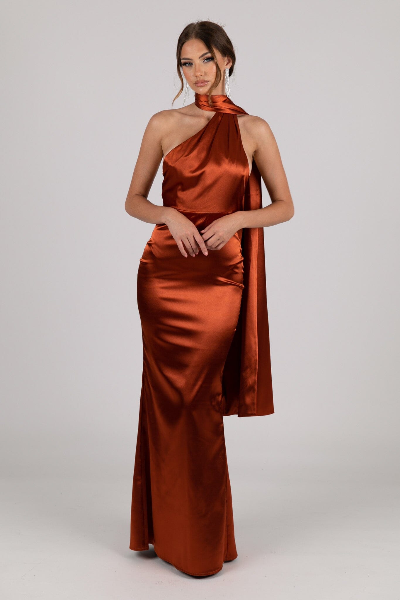 MARGOT Scarf Neck Satin Maxi Dress Burnt Orange XS
