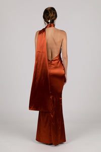 Backless Design of Rust Burnt Orange Coloured Satin Column Maxi Dress with Asymmetrical Neckline and Scarf Sash