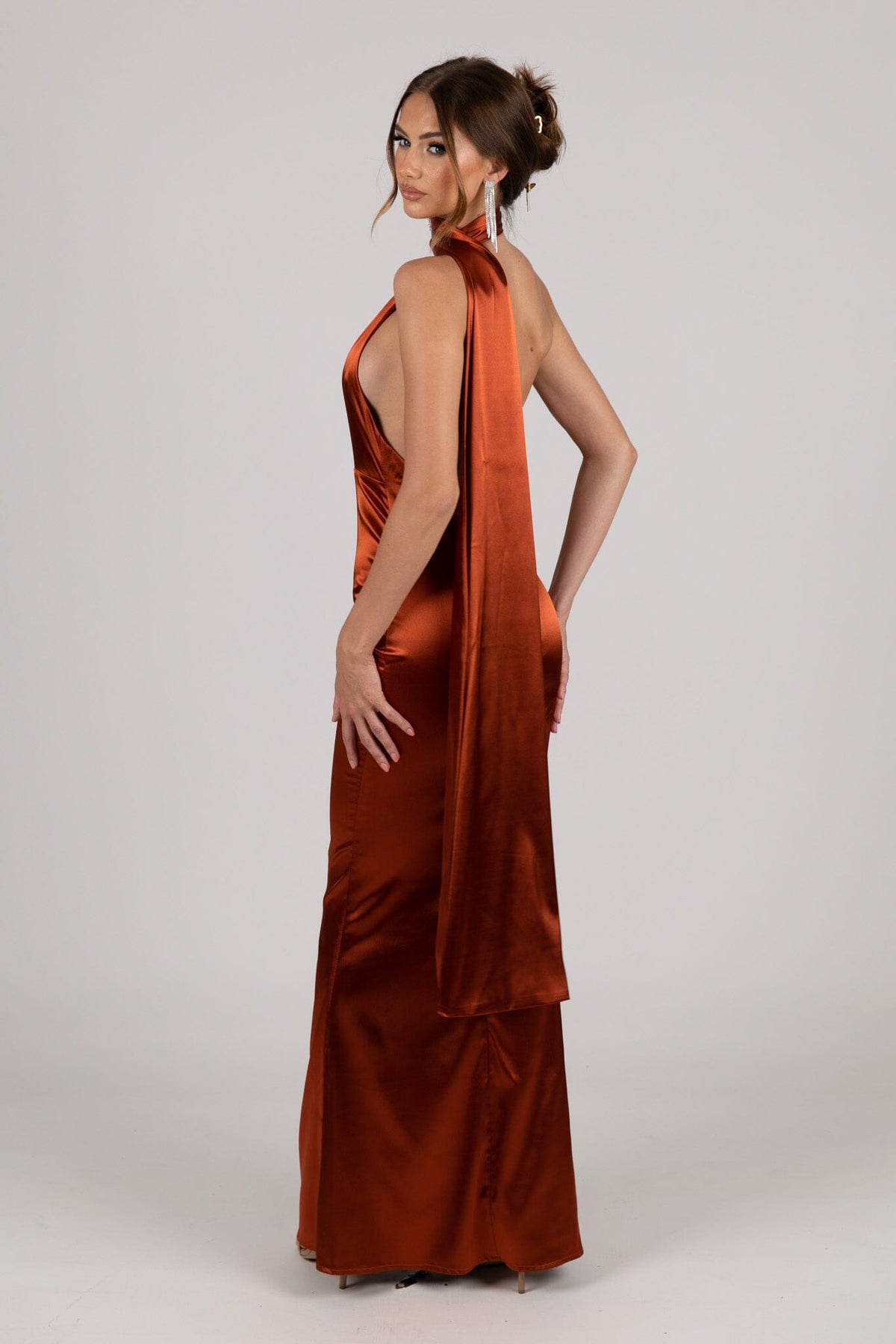 Long Scarf Sash of Rust Burnt Orange Coloured Satin Column Maxi Dress with Asymmetrical One Shoulder Neckline