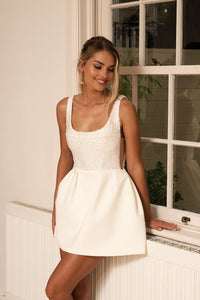 White Bridal Mini Dress with Beaded Corset-Style Bodice and Tulip Mini Skirt
