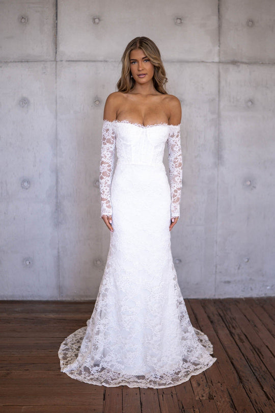 Marisa Off-Shoulder Long Sleeve Lace Gown - Ivory