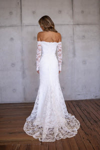 Back Image of Bare Shoulder Design, Concealed Back Zipper and Sweep Train of Ivory White Off The Shoulder Long Sleeve Lace Wedding Gown with Sweetheart Neckline, Corset Bodice and Fit and Flare Mermaid Silhouette