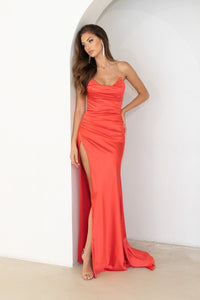 Bright Red Strapless Bustier Fitted Stretch Satin Evening Gown with Gathered Bodice and Waist and Side Slit