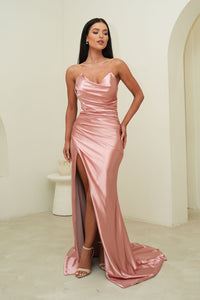 Light Pink Fitted Stretch Satin Full Length Evening Gown with Strapless Neckline and Side Slit