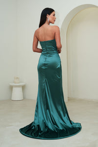 Back Image of Emerald Green Fitted Stretch Satin Full Length Evening Gown with Strapless Neckline and Side Slit