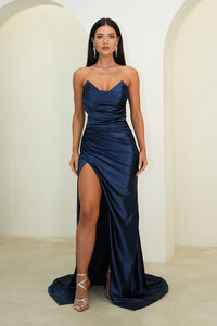Navy Fitted Stretch Satin Full Length Evening Gown with Strapless Neckline and Side Slit