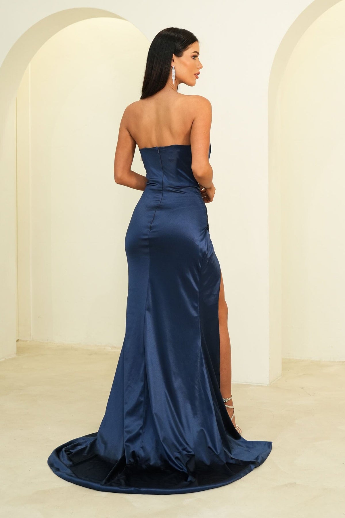 Back Image of Navy Fitted Stretch Satin Full Length Evening Gown with Strapless Neckline and Side Slit