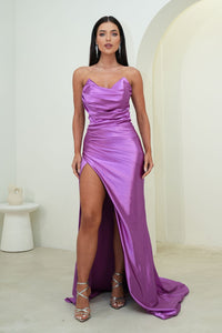Purple Fitted Stretch Satin Full Length Evening Gown with Strapless Neckline and Side Slit