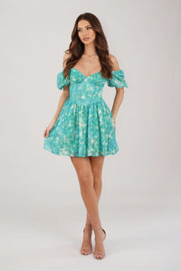 Green Floral Mini Dress with Sweetheart Neckline and Off The Shoulder Puff Sleeves