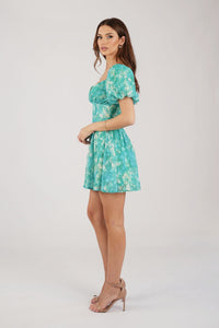 Side Image of Green Floral Mini Dress with Sweetheart Neckline and Puff Sleeves