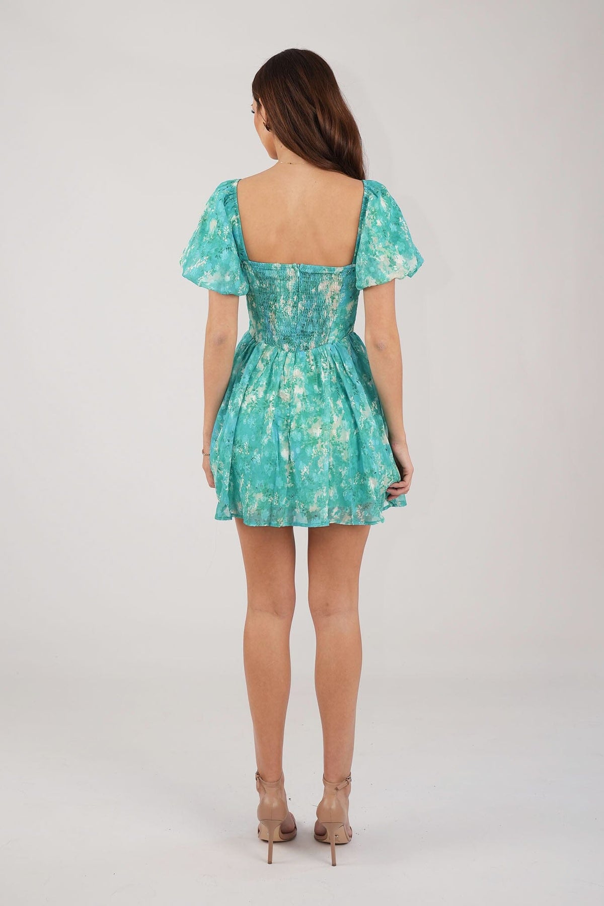 Shirred Stretch Back of Green Floral Mini Dress with Sweetheart Neckline and Puff Sleeves