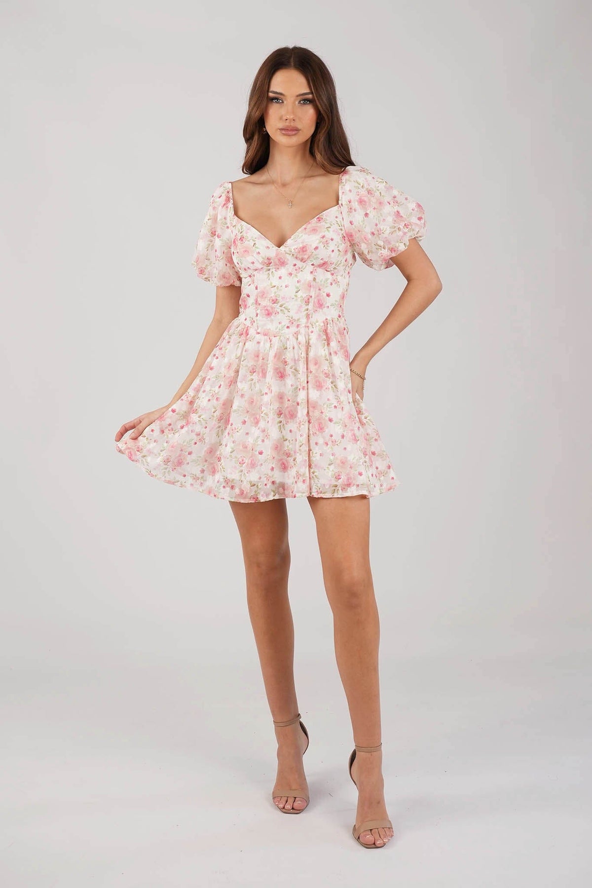 Miyah Puff Sleeve Mini Dress - Pink Floral Noodz Boutique Miyah Puff Sleeve Mini Dress - Pink Floral Noodz Boutique