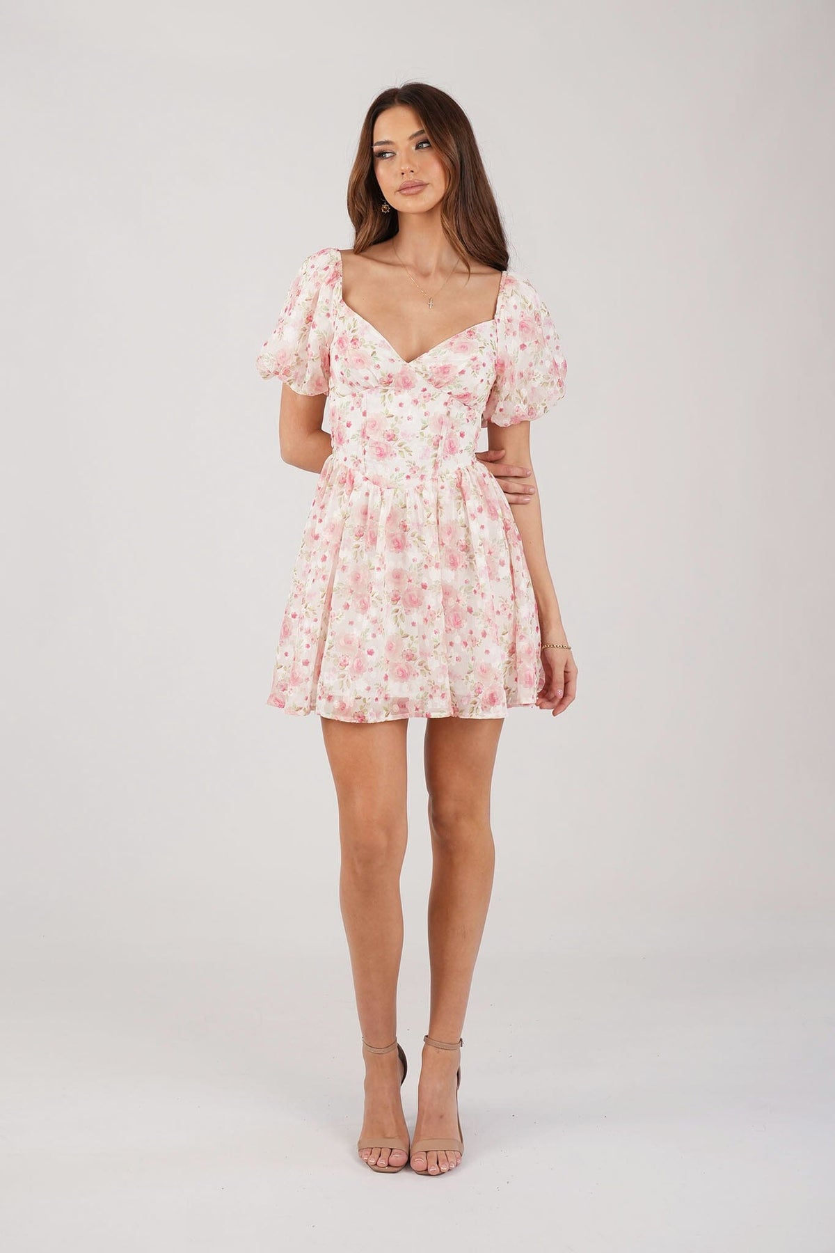 Pink Floral Mini Dress with Sweetheart Neckline and Puff Sleeves