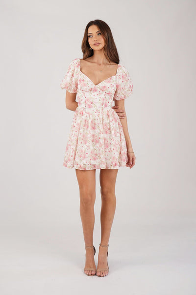 pink floral puff sleeve dress Short Pink Floral Casual Party Dress with Puff Sleeves Blush Bloom / Small