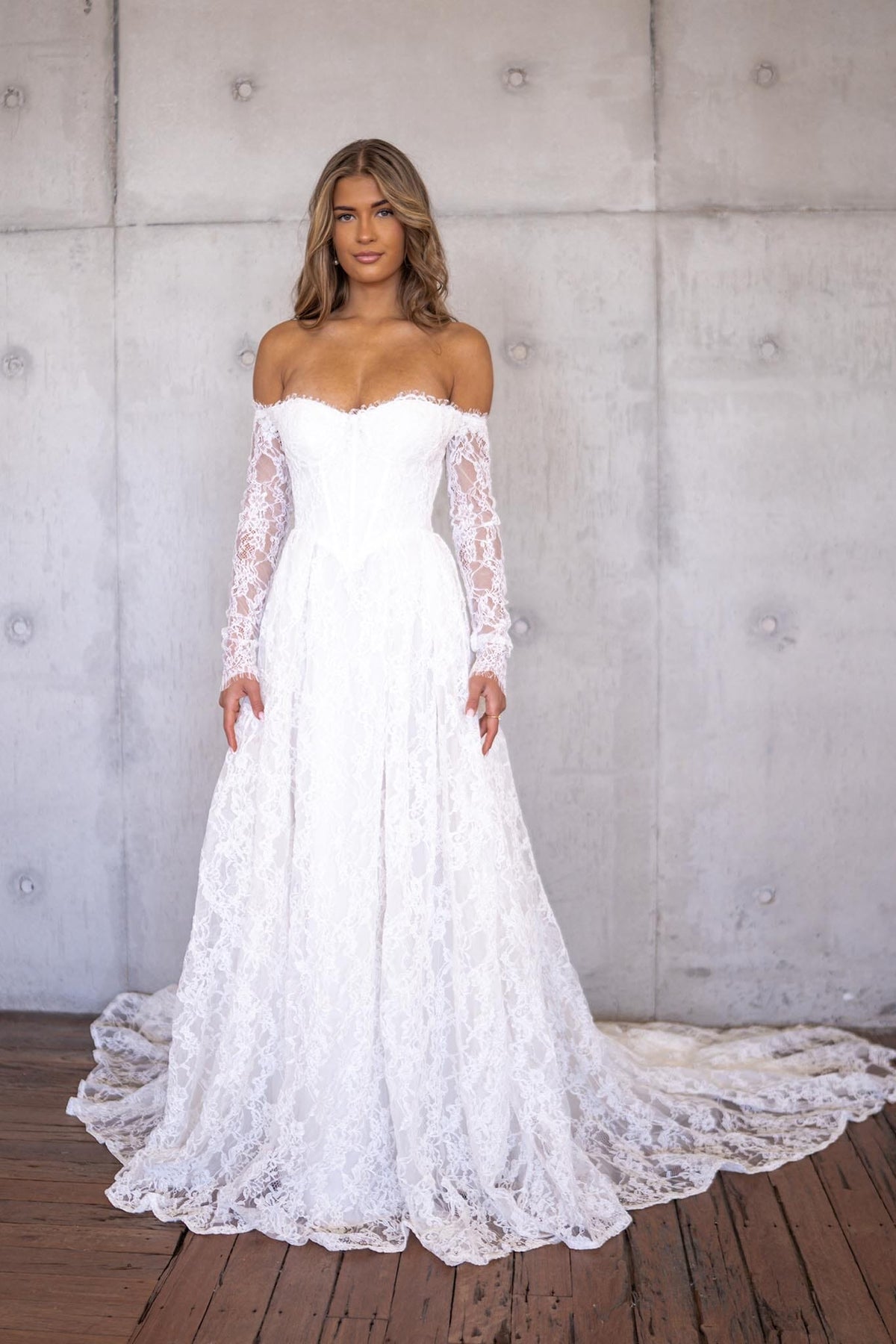 Monique Off-Shoulder Long Sleeve A-line Lace Gown - Ivory Noodz Boutique Monique Off-Shoulder Long Sleeve A-line Lace Gown - Ivory Noodz Boutique