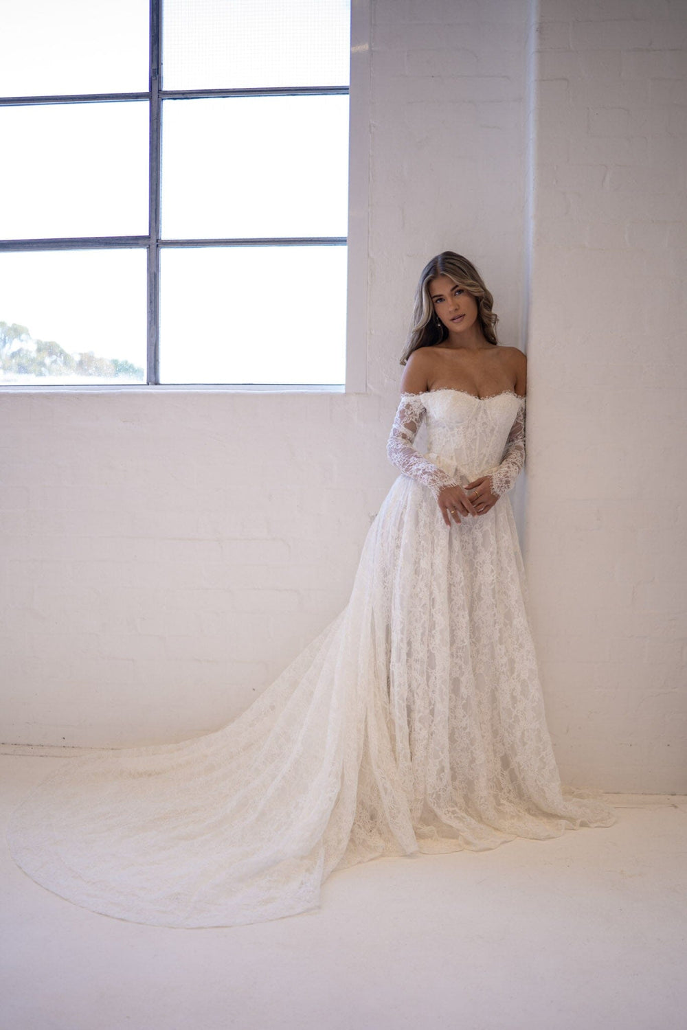 Off-the-Shoulder A-Line Gown with Lace Applique Bodice Dusty Rose