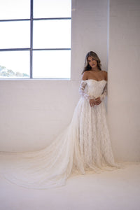 Monique Off-Shoulder Long Sleeve A-line Lace Gown - Ivory