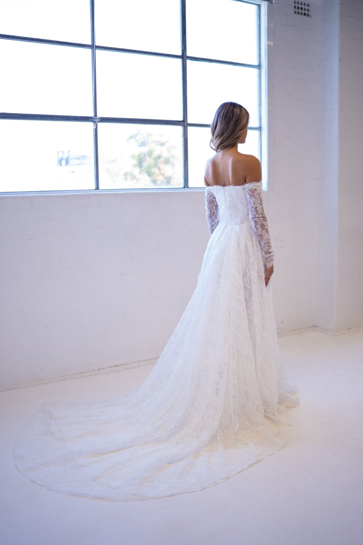 Monique Off-Shoulder Long Sleeve A-line Lace Gown - Ivory