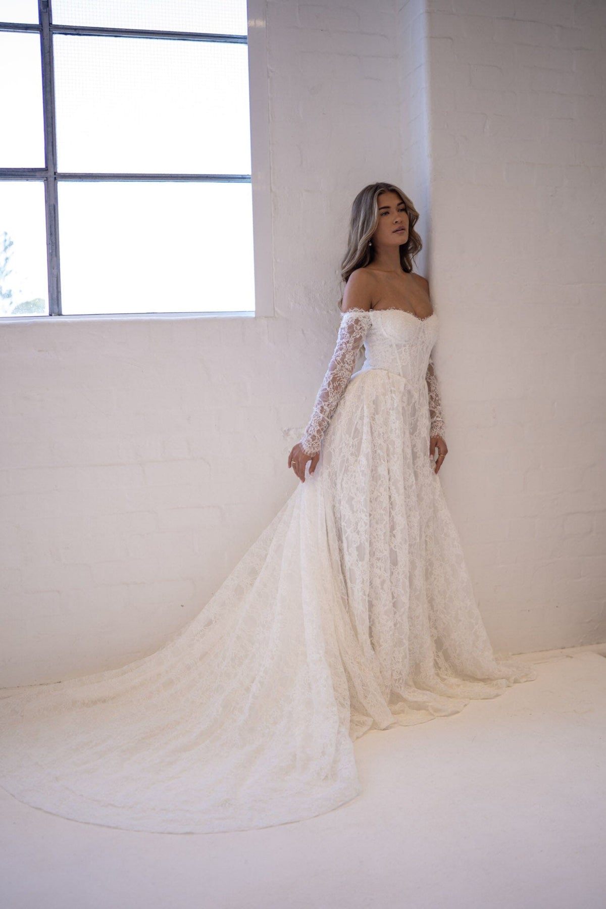 Monique Off-Shoulder Long Sleeve A-line Lace Gown - Ivory