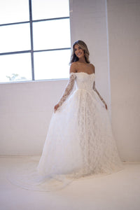 Monique Off-Shoulder Long Sleeve A-line Lace Gown - Ivory