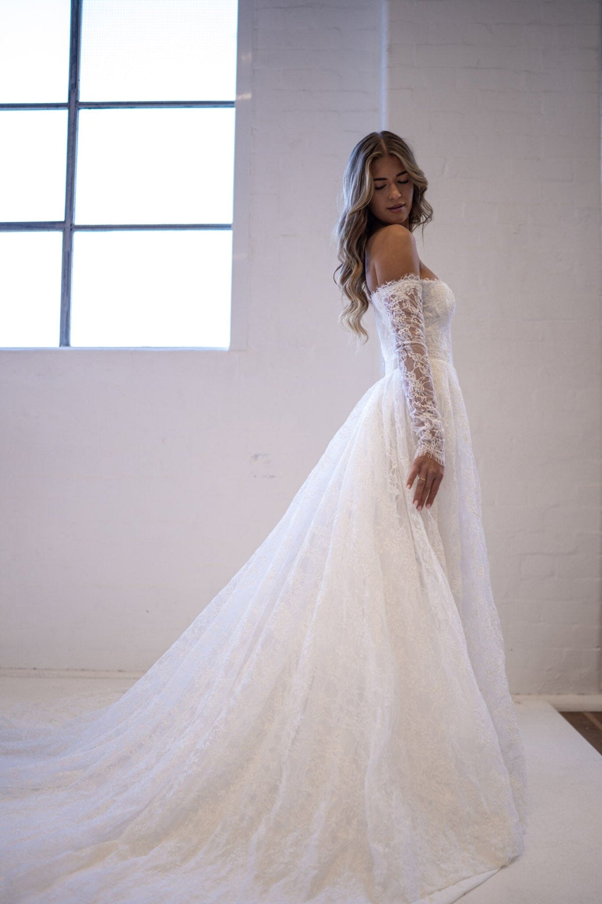 Monique Off-Shoulder Long Sleeve A-line Lace Gown - Ivory