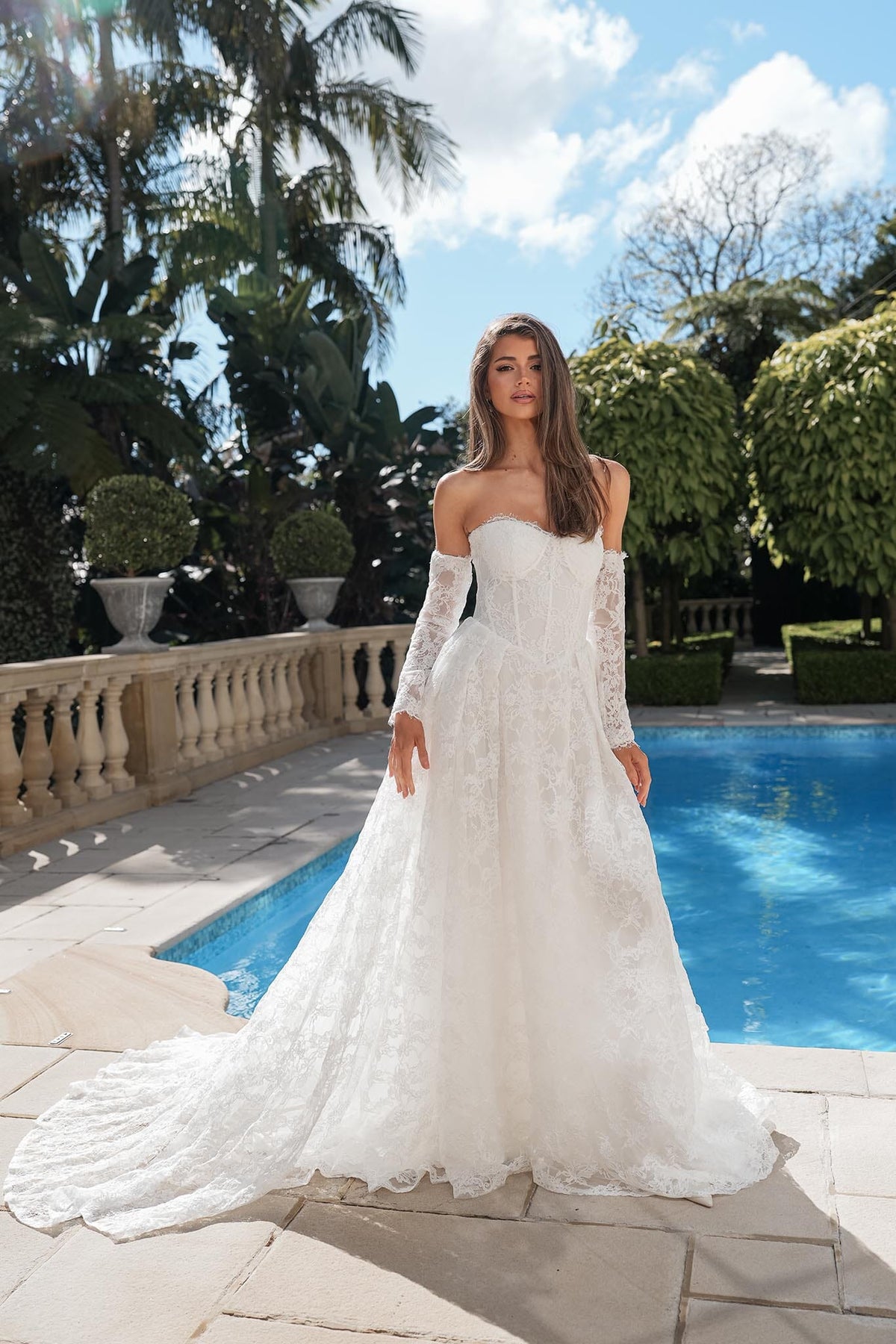 Monique Off-Shoulder Long Sleeve A-line Lace Gown - Ivory
