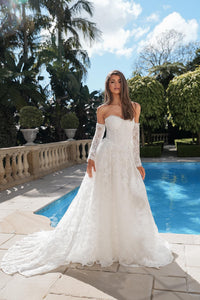 Monique Off-Shoulder Long Sleeve A-line Lace Gown - Ivory