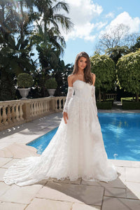 Monique Off-Shoulder Long Sleeve A-line Lace Gown - Ivory