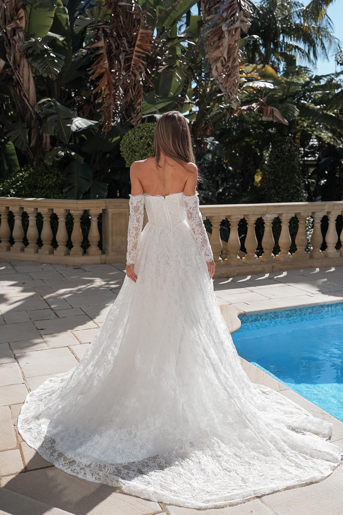 Monique Off-Shoulder Long Sleeve A-line Lace Gown - Ivory