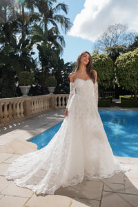 Monique Off-Shoulder Long Sleeve A-line Lace Gown - Ivory