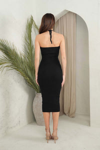 Back Image of Black Sleeveless Fitted Knit Midi Dress with Halter Neck Strings