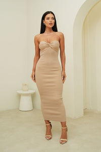 Neutral Coloured Knit Fitted Bodycon Strapless Midi Dress with Sweetheart Neckline