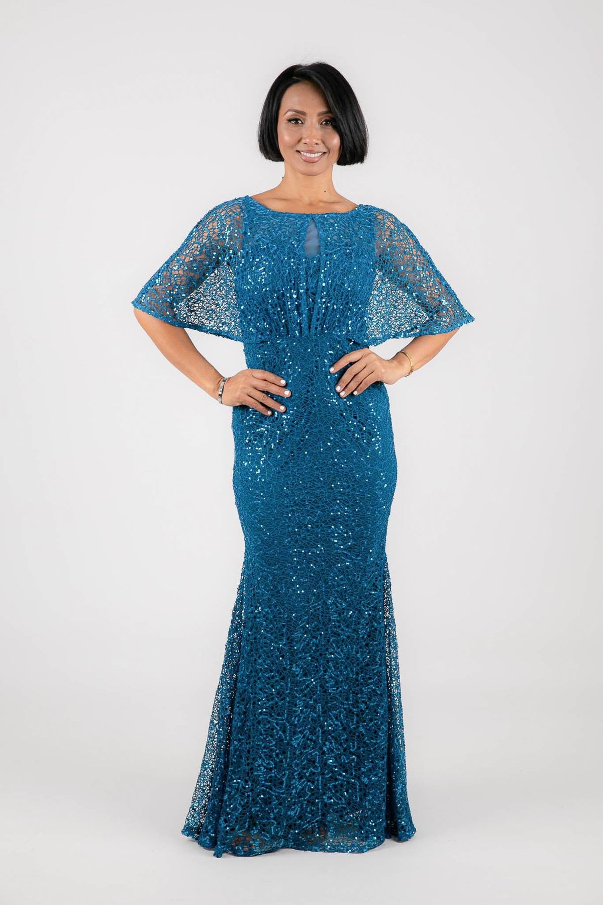 Teal blue green sequin evening maxi dress with boat neckline and butterfly sheer half sleeves