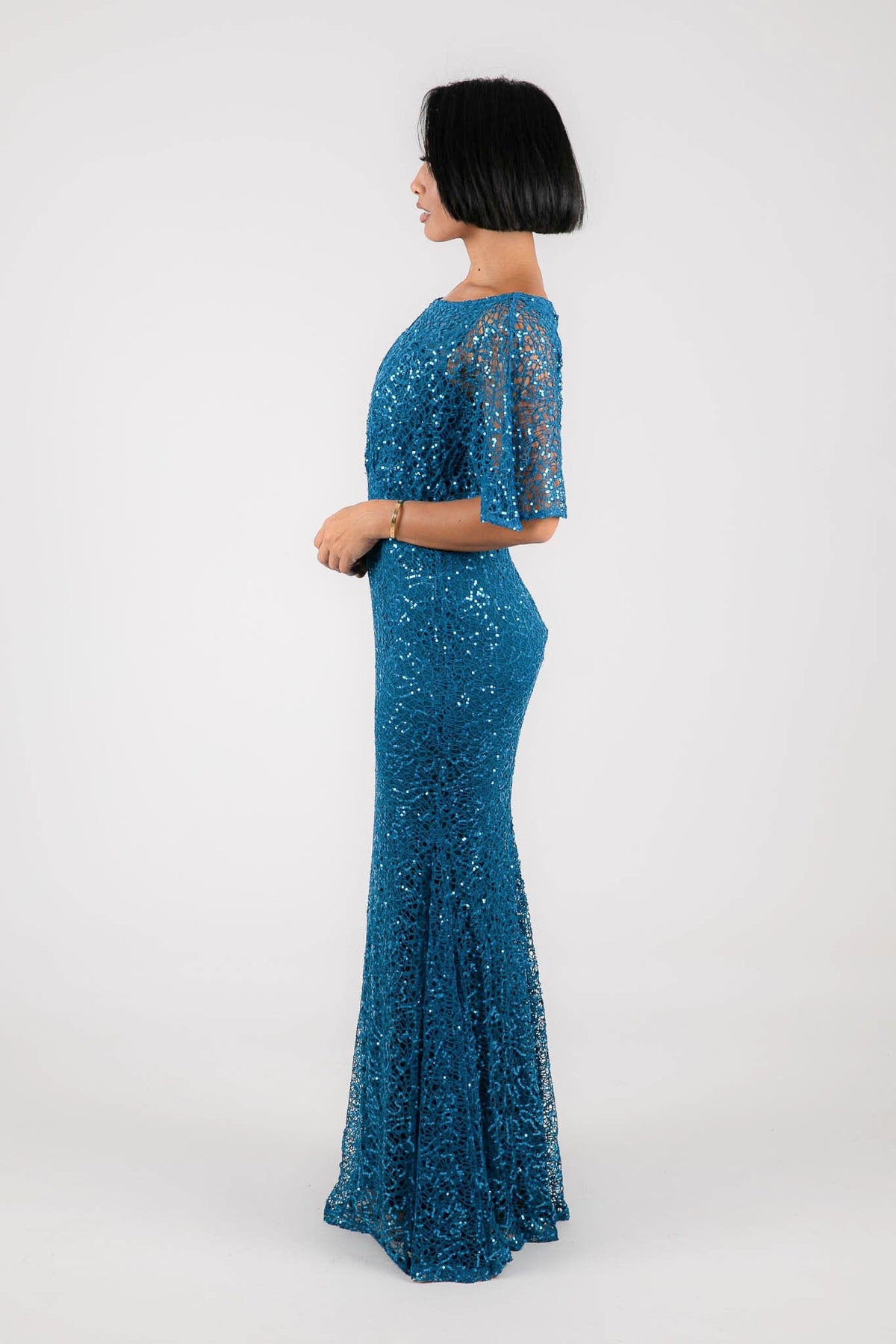 Side Image of Teal blue green sequin evening maxi dress with boat neckline and butterfly sheer half sleeves