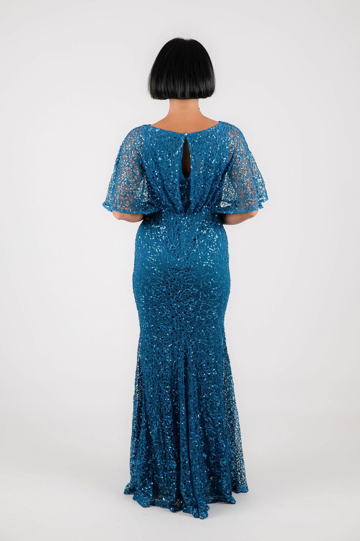 Back Image of Teal blue green sequin evening maxi dress with boat neckline and butterfly sheer half sleeves