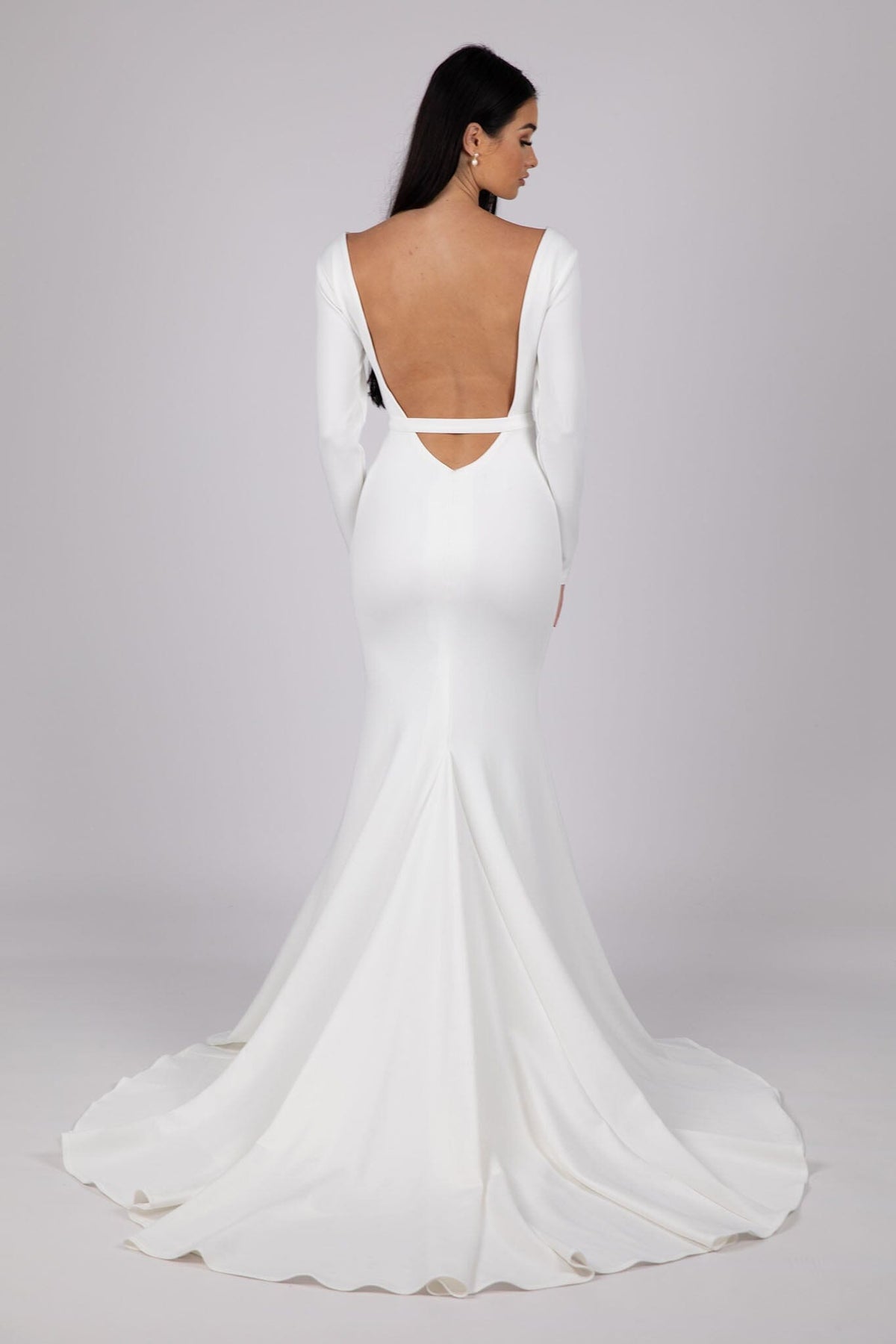 Backless Design of Ivory White Fit and Flare Long Sleeve Wedding Gown with Plunging V Neckline, Open V Back, Detachable Belt and Sweep Train