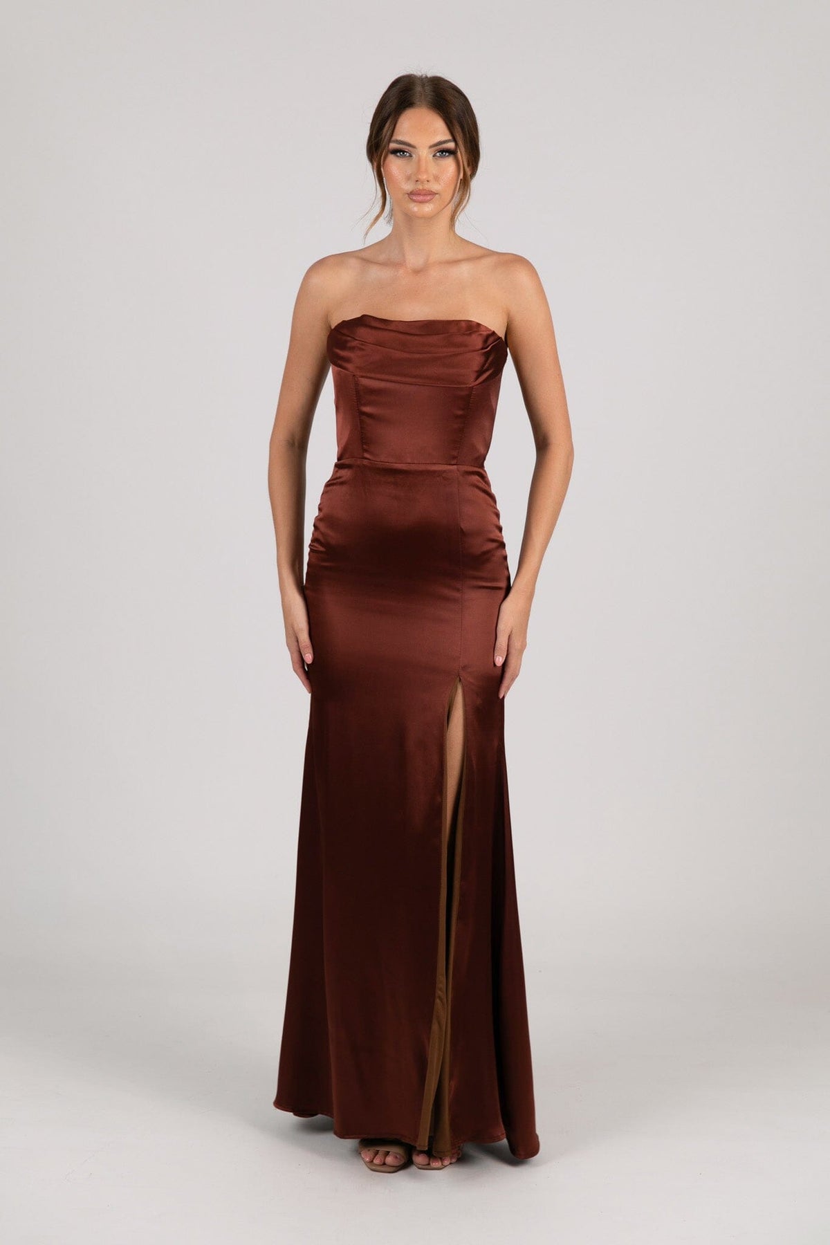 red brown dress Irene Rust Satin Strapless Maxi - Size S - Body Skimming Fit - Cowl Back - Perfect for Date Night hidden back zipper closure Peyton Strapless Satin Maxi Dress