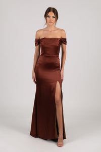 Mahogany Dark Brown Red Strapless Satin Maxi Dress with Draped Bust Detail, Detachable Off Shoulder Sleeves and Side Slit