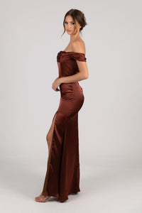 Side Image of Mahogany Dark Brown Red Strapless Satin Maxi Dress with Draped Bust Detail, Detachable Off Shoulder Sleeves and Side Slit