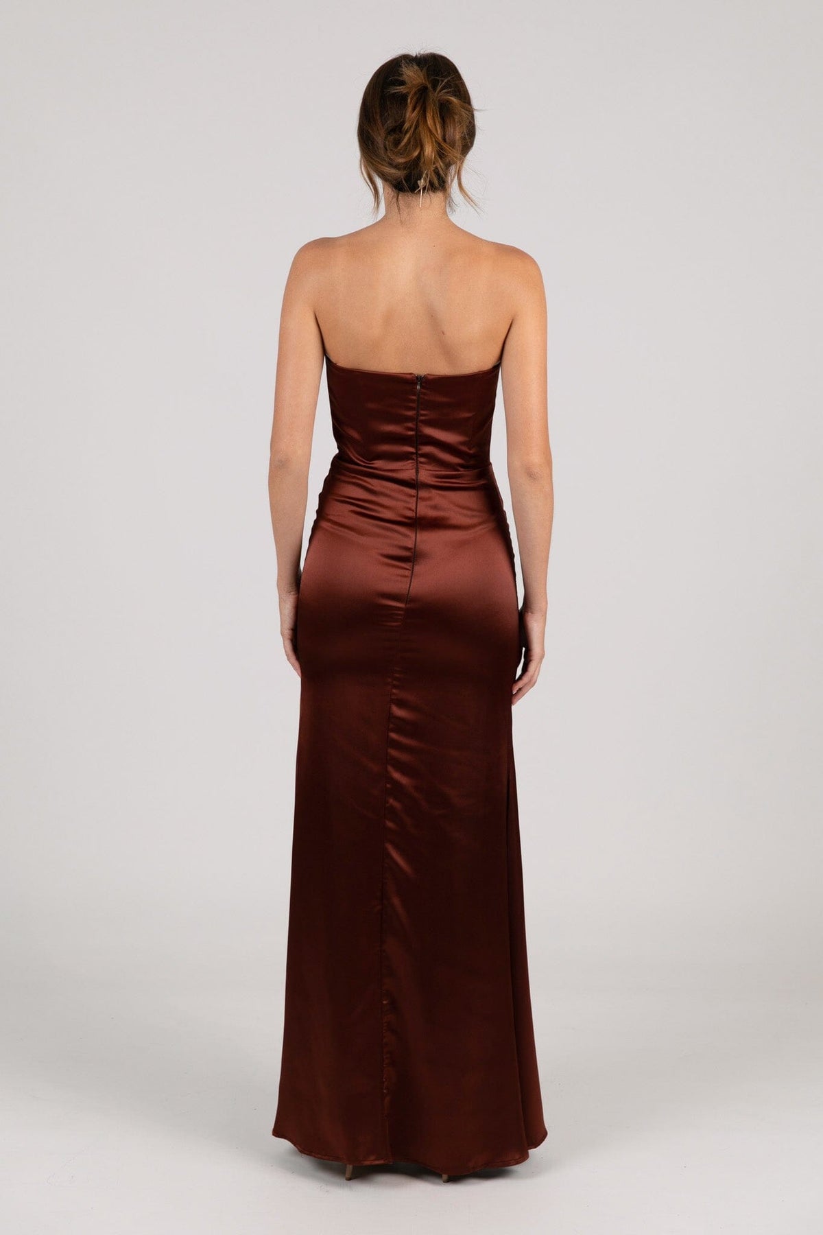 Back Image of Mahogany Dark Brown Red Strapless Satin Maxi Dress with Draped Bust Detail and Side Slit