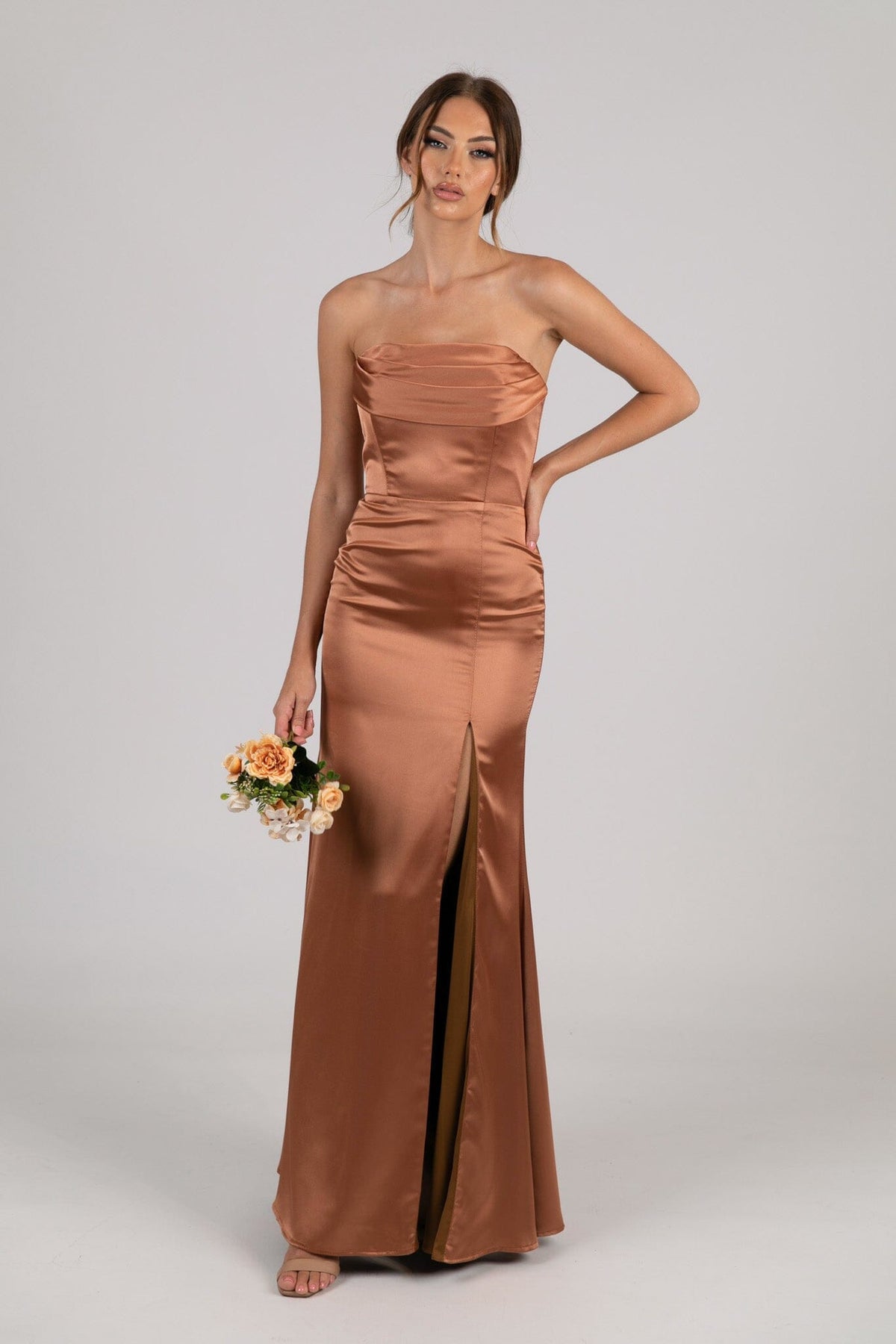 Burnt Orange Brown Rust Coloured Strapless Satin Maxi Dress with Draped Bust Detail and Side Slit